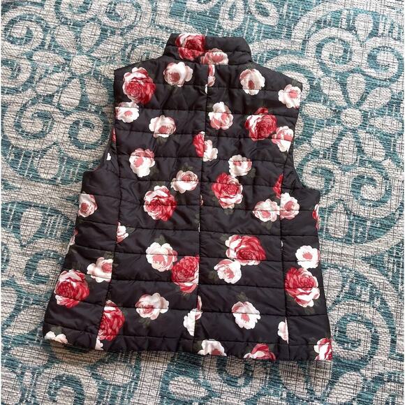 Loft Floral Quilted Puffer Vest Red & Pink Roses on Black - Size M - Picture 3 of 11
